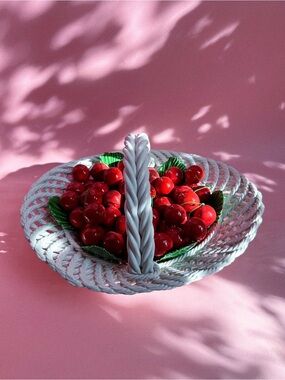 Vintage Large Capodimonte Italy White Woven Basket with Red Cherry Display